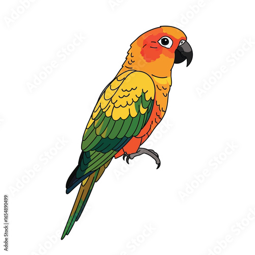 Colorful illustration of a parrot, profile view, vibrant hues.
