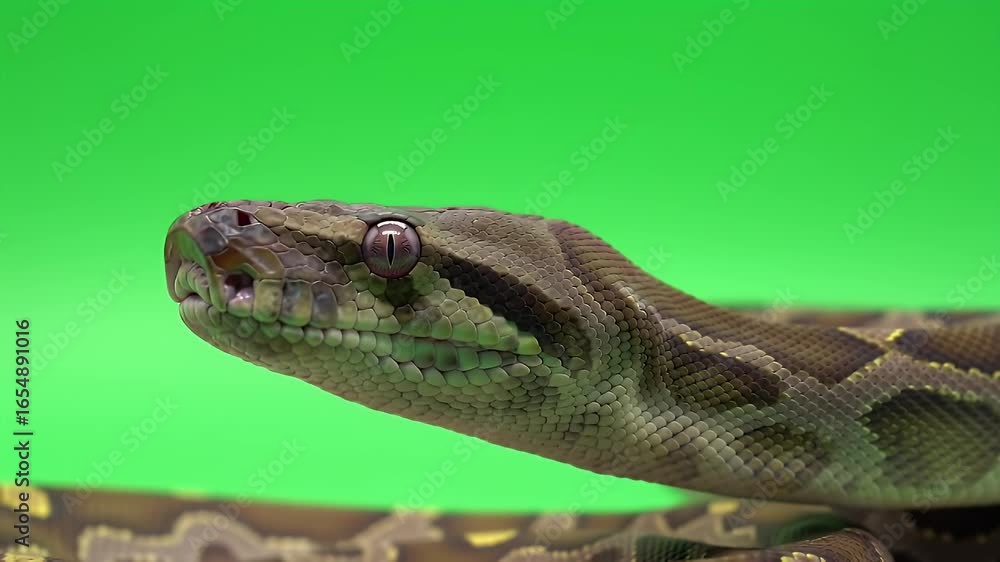 Close-up of a Python Snake Head on Green Screen with Detailed Scales and Eye for Compositing Close-up of a Python Snake Head on Green Screen with Detailed Scales and Eye for Compositing