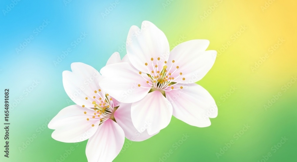 Fototapeta premium Two white flowers with yellow stamens against a gradient background