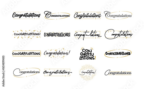 Congratulations banner lettering design bundle. Elegant, Fun and joyful typographic messages with confetti and gold frames.