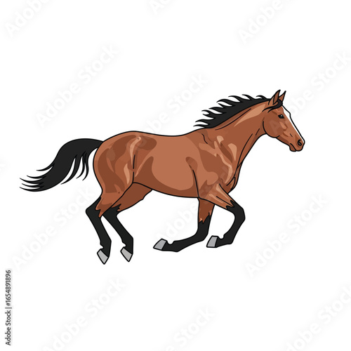 A brown horse gallops across a white background, showcasing its powerful movement.