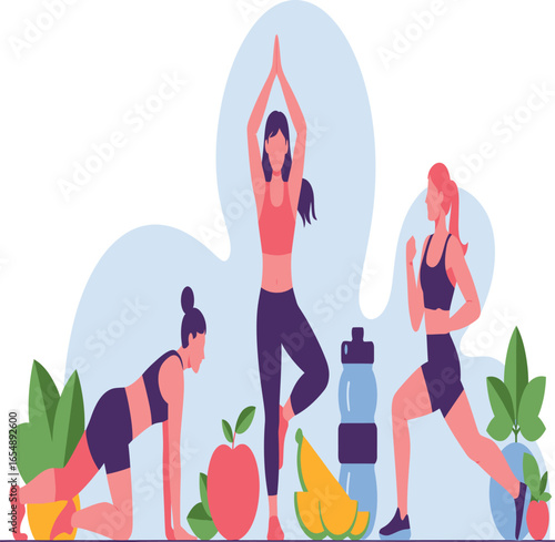 Flat vector illustration of three women in athletic wear doing plank, yoga tree pose, and lunge exercises with healthy food, water bottle, and plants on a light blue background