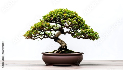 A meticulously crafted bonsai tree, showcasing intricate branches and vibrant green foliage, sits gracefully in a dark brown pot against a plain white backdrop.