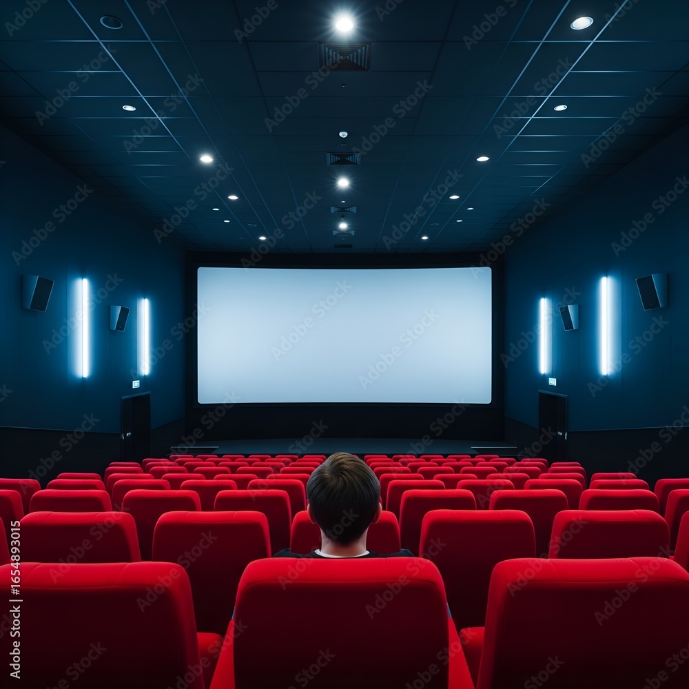 Fototapeta premium Single person sitting in a dark movie theater watching a blank white screen