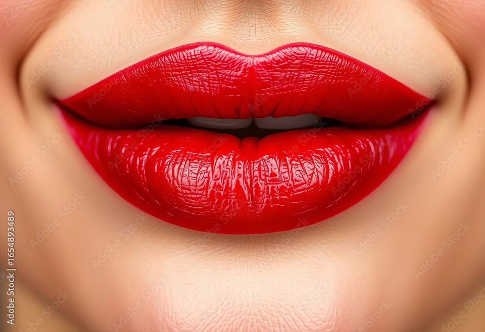 Obraz premium Close-up of red lipstick on full lips, sensual, kissable, macro, sexy