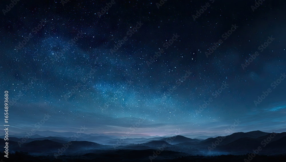Fototapeta premium Panoramic view of a starlit night over misty mountains