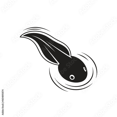 A black and white illustration of a tadpole swimming in water, creating ripples around it.