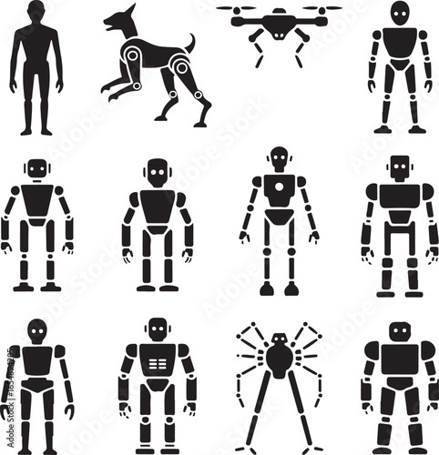 Robot Icons Humanoid Robot Dog Drone Spider Robot Futuristic Technology Symbols android cyborg