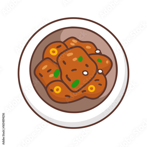 Illustration of Asian glazed chicken dish on a plate