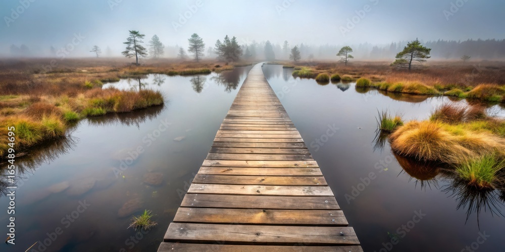 Fototapeta premium Wooden Pathway Across Serene Misty Wetland Reflecting Tranquil Autumnal Scenery
