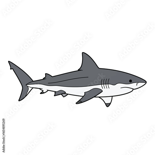 A cartoon illustration of a shark, depicted in shades of gray, isolated on white.
