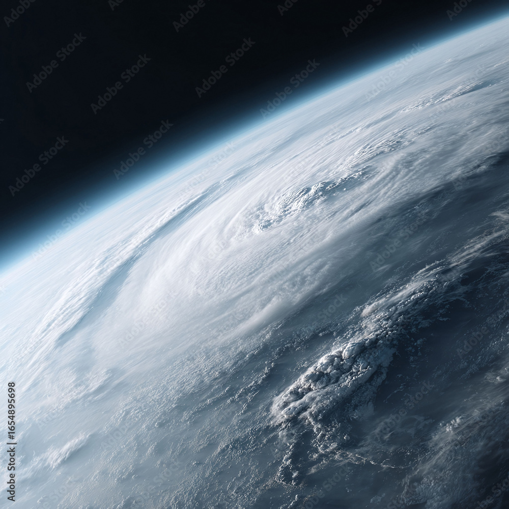 Fototapeta premium Dramatic aerial view of Earth from space, showcasing a massive swirling cloud formation. Evokes themes of nature, power, and global events. Use for science, weather, or concept visuals.