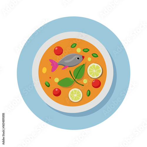 Fish soup illustration in a bowl, top view