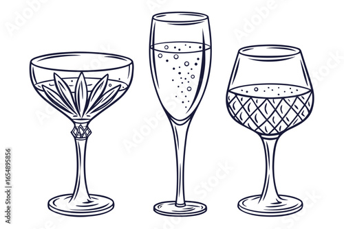 Three elegant cocktail glasses with drinks and bubbles