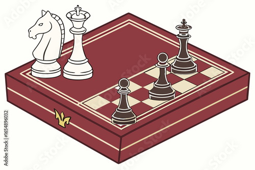 Chess game with white knight and queen facing dark pawns and queen
