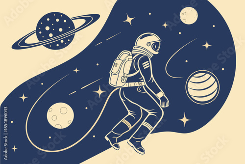 Astronaut floating in space with planets and stars around