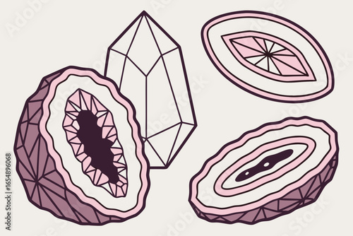 Stylized illustration of natural crystals and geodes in pink and purple hues
