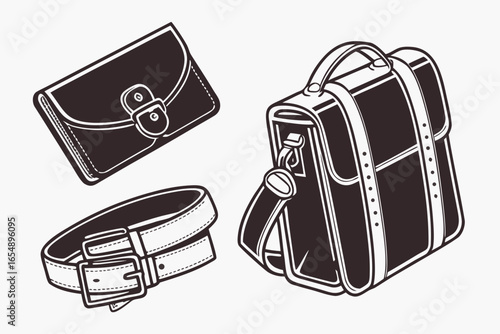 Vintage leather satchel bag clutch and belt illustration