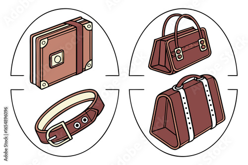 Vintage leather travel accessories including a book two bags and a belt