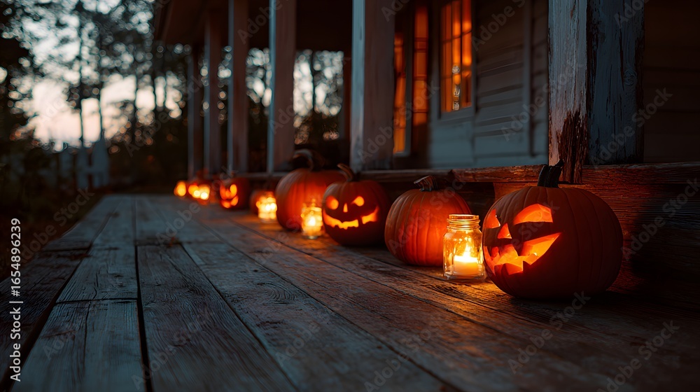 Obraz premium Spooky pumpkins line a porch in the twilight glow of the evening, creating an autumnal Halloween display.