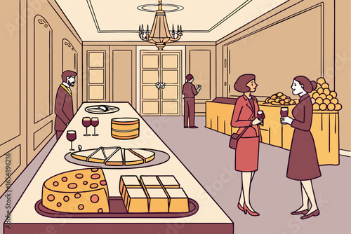 People enjoying food and drinks at a catered event with buffet tables