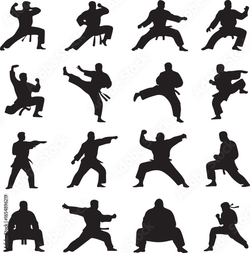 Collection of karate martial arts silhouettes in various fighting stances on white background fighter