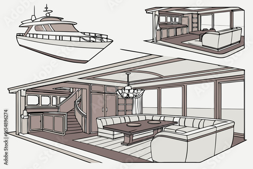 Luxury yacht interior design and exterior view