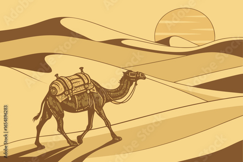 Camel walking across desert sand dunes at sunset