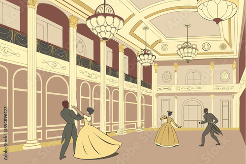 Elegant ballroom scene with couples dancing and ornate chandeliers
