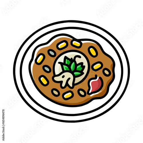Stylized overhead illustration of hummus with garnish and chickpeas