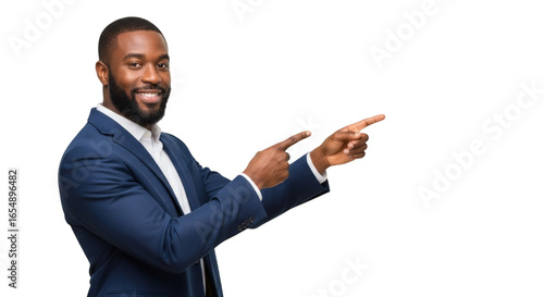 Handsome african american businessman in suit pointing to the side advertisement space area promo on transparent background