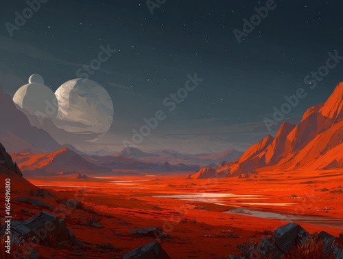 Alien planet landscape with red terrain and two moons digital painting scenic view stars