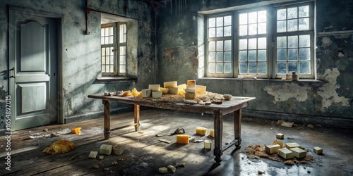 Sunlit Decay A forgotten room, weathered wood table laden with aged blocks, dust motes dancing in shafts of light, abandoned yet serene.