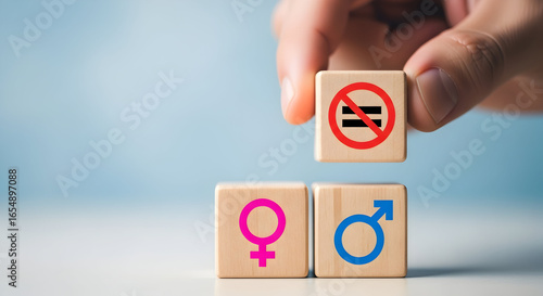 Gender Inequality Concept Wooden Blocks Male Female Symbols No Equality Sign
