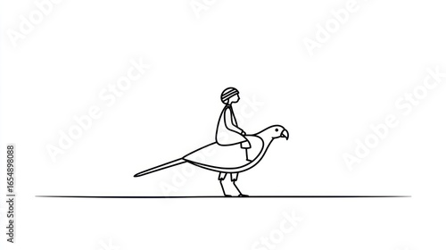 Simple line drawing of a person riding a bird