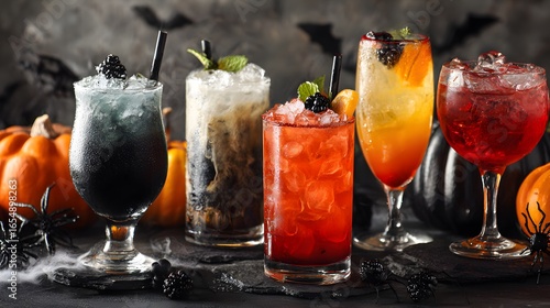 Festive Halloween Drinks: A spooky array of colorful cocktails with dark decorations for a party vibe.