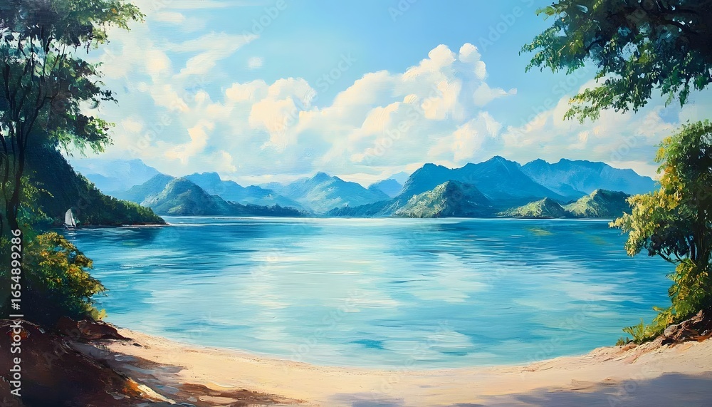 Fototapeta premium A painting of a beach with a boat in the water. The boat is in the foreground and the water is in the background