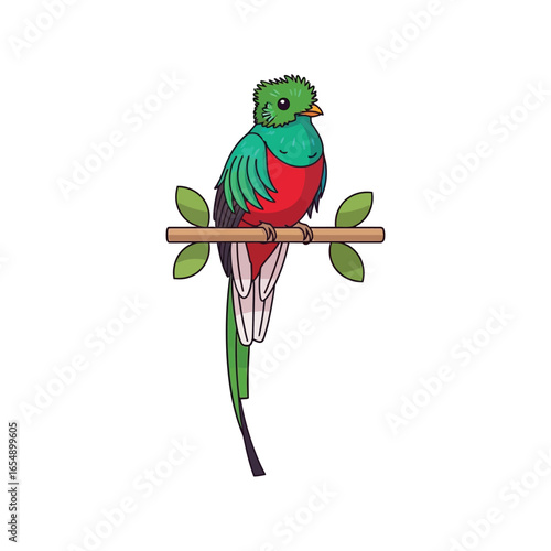 Colorful illustration of a resplendent quetzal perched on a branch.