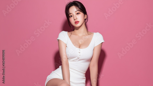 Woman in white dress posing against pink background studio
