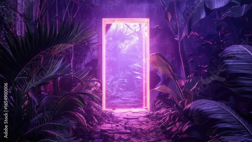 An open door in the midst of a dense jungle, offering a glimpse into the unknown