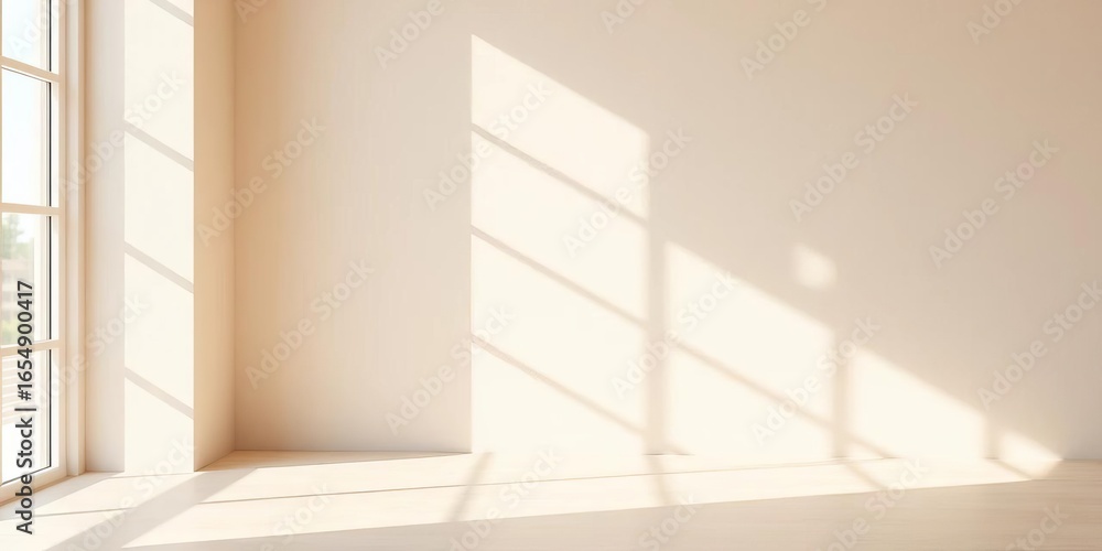 Fototapeta premium Light beige wall, soft window light, subtle shadow, minimalist backdrop for product display, display, clean