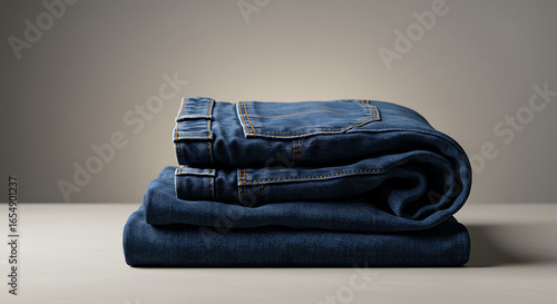 Stack of blue denim jeans, neatly folded, on a neutral surface.
