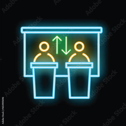 Neon sign illustrating two political candidates debating behind podiums with up and down arrows