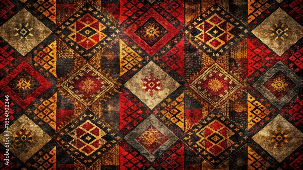 Intricate Tapestry of Geometric Patterns in Rich Autumnal Hues Featuring a Distressed Texture and Vivid Color Palette Intricate Tapestry of Geometric Patterns in Rich Autumnal Hues Featuring a Distressed Texture and Vivid Color Palette
