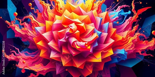 Intricate, swirling geometric forms in bold, saturated hues  Exploding color, multifaceted shapes, optical, triangles