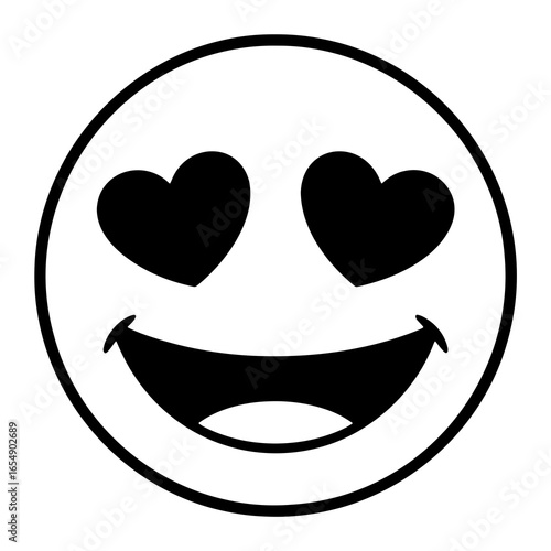 Black and white smiley face with heart eyes and wide smile happy
