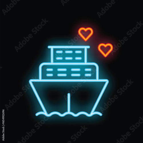 Neon icon of a cruise ship sailing on waves with hearts, symbolizing love, romance, and honeymoon travel