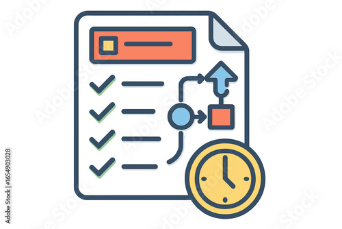 Checklist with time management clock and flowchart diagram task flow schedule
