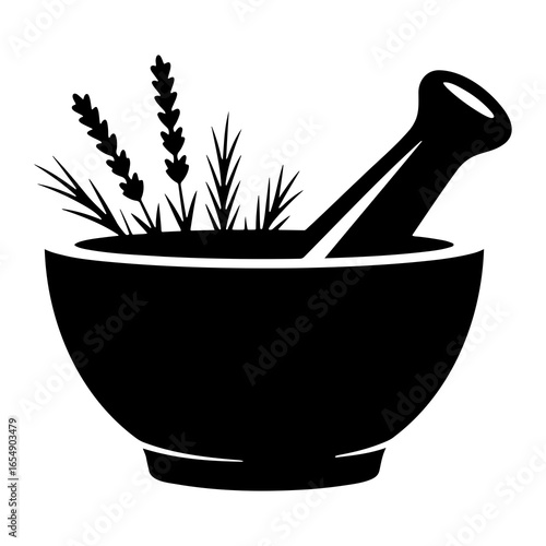 Black mortar and pestle with herbs lavender botanical
