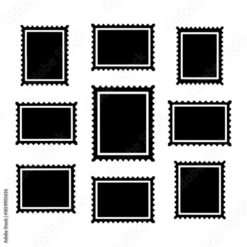 Black postage stamps with perforated edges white rectangular